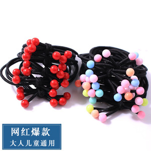 Cherry Shaped Hair Tie With <b>Red</b> <b>Beads</b> 6 <b>Beads</b> High Elasticity Ponytail Hair Band Casual For Adults And Children - Product Image 1