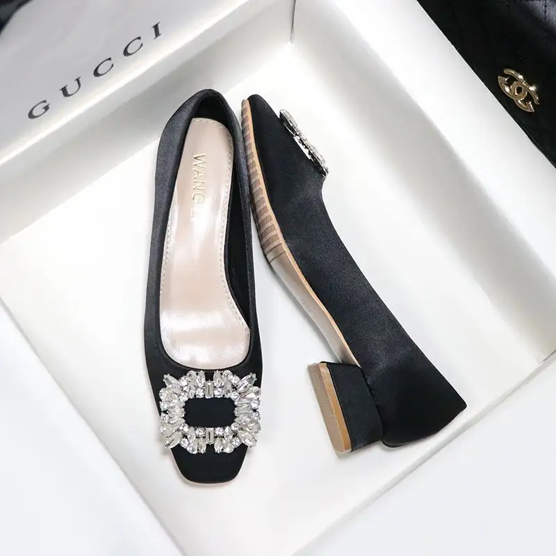 Hot selling plus size 42 square toe shoe buckle rhinestone wedding shoes for bride party shoes women low heels