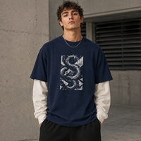 T-shirt pour homme en waffle double couche de qualité supérieure, coupe ample, manches longues, avec logo imprimé à l'écran