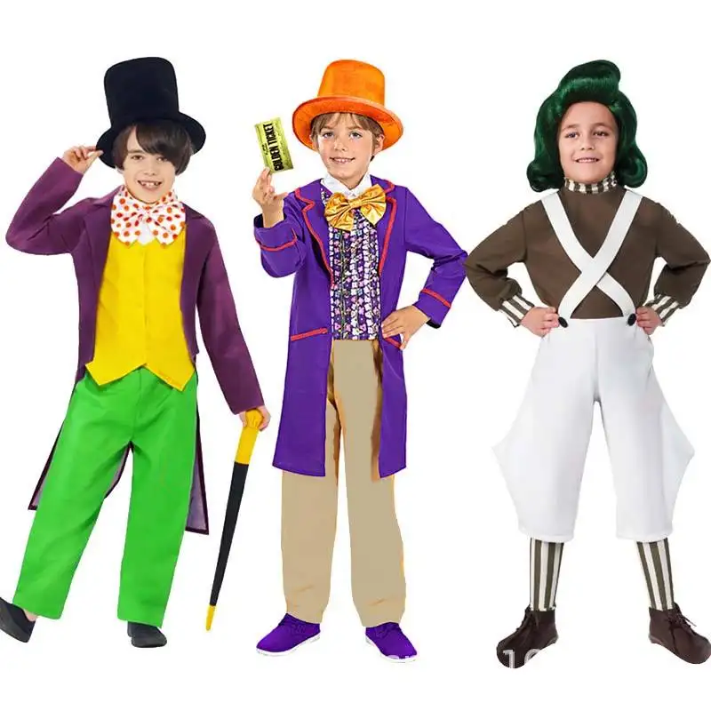 BAIGE 2024 desain baru kostum Halloween Anak pabrik cokelat Deluxe Willy kostum anak laki-laki Wonka