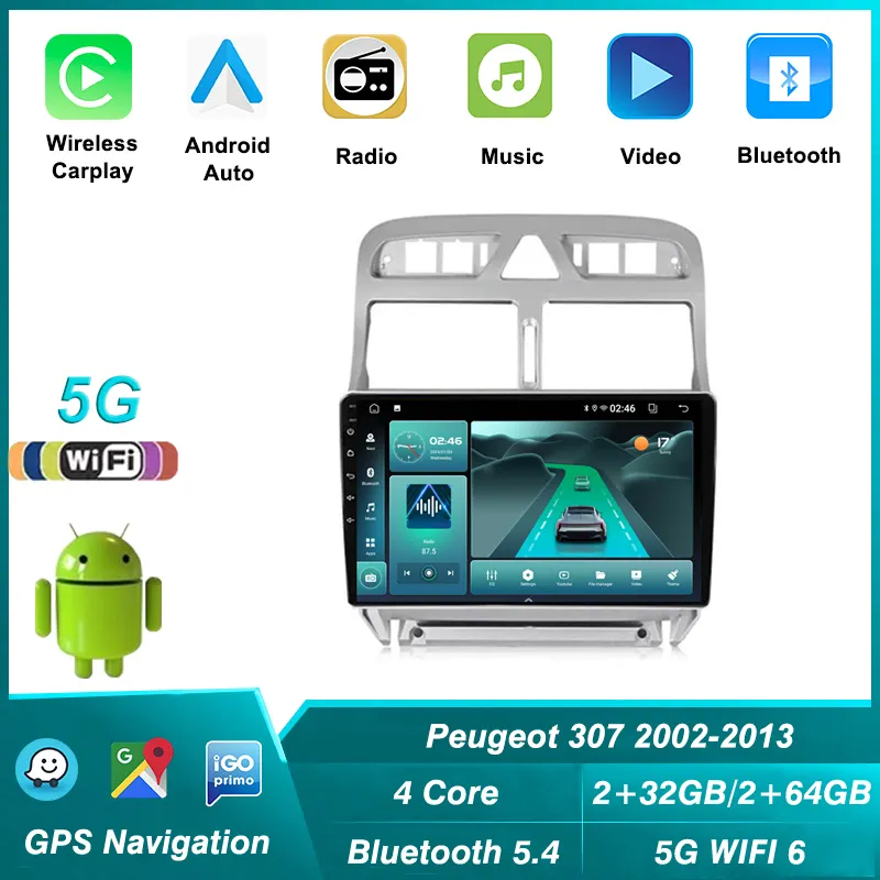 Radio Multimedia de vídeo para coche Android 13 para Peugeot 307 307CC 307SW 2002-2013 reproductor estéreo navegación GPS DSP 5G + 2,4G WiFi BT5.4