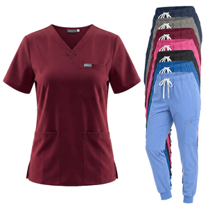 Conjuntos de Uniformes Médicos, Cuello en V, Manga Corta, Pantalones Jogger, Múltiples Bolsillos, 62% Rayón, 32% Nailon, 6% Elastano, Tela Elástica - Product Image 1
