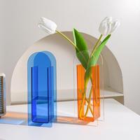 Vase en acrylique style Ins, transparent, blocs de couleur, vase floral, décoration artistique minimaliste pour salon, support de fleurs en plastique antichoc