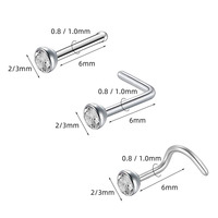 Perhiasan Tindik Tubuh Titanium 18G 20G ASTM F136 G23 Opal Clear CZ Zircon Bentuk L Sekrup Hidung Cincin 0.8x7x2mm