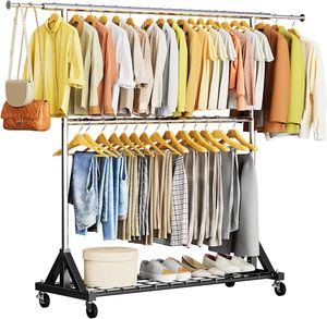 Perchero de Ropa Resistente de 600 LBS con Doble Barra, Perchero Rodante con Ruedas Bloqueables y Estantes de Almacenamiento, Ajustable y Autónomo - Product Image 1