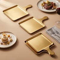 Assiette carrée dorée en acier inoxydable durable de style coréen, écologique, à motif uni, avec poignées, pour restaurant/cantine/usage domestique