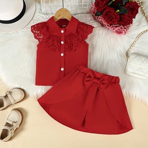 Completo Estivo Casual per Bambine, <span class=keywords><strong>Camicia</strong></span> con Colletto in Pizzo e Volant, <span class=keywords><strong>Giacca</strong></span> con Gonna e Pantaloncini, Set Due Pezzi per Bambine 2-7 Anni - Product Image 4