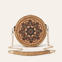 Sac bandoulière rond en liège naturel à motif ethnique bohème, rétro, écologique, pour femmes, décontracté, avec chaîne