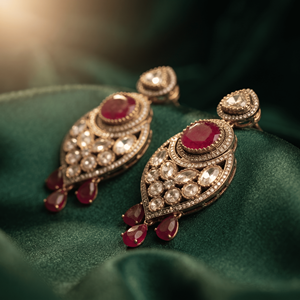 Boucles d'oreilles pendantes en moissanite rouge rubis, plaqué or antique bicolore, style statement, tendance, bijoux traditionnels indiens - Product Image 5