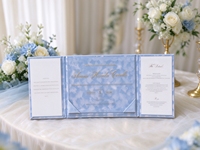 Cartes d'invitation de mariage et d'anniversaire de style européen, best-seller transfrontalier, en velours bleu clair avec estampage à chaud doré sur acrylique
