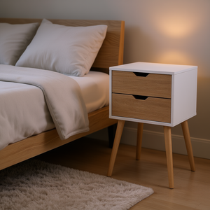 Mesita de noche de madera maciza con 2 cajones, muebles de dormitorio modernos de mediados de siglo para almacenamiento, mesa auxiliar - Product Image 2