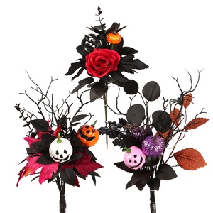 Bouquet de citrouilles d'Halloween, feuilles d'érable noires artificielles en plastique, branches mortes, décoration amusante pour la maison et les fêtes, fleur festive - Product Image 1