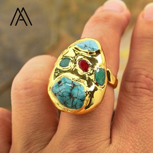 Anello con cornice in pietra naturale blu turchese Amazonite rosso giada placcato oro rame ottone Unisex per festa di nozze <span class=keywords><strong>gioielli</strong></span> fatti a mano - Product Image 3