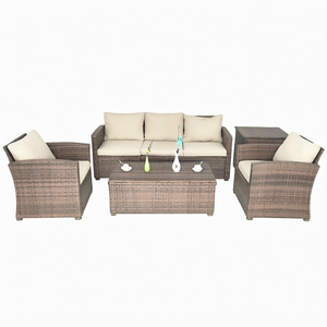 Conjunto de Muebles de Jardín de Mimbre para Exteriores, Sofá de Patio con Cojines, Muebles de Patio Impermeables para Patio de Villa - Product Image 1