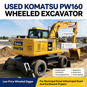 Excavatrice sur pneus Komatsu PW160 d'<span class=keywords><strong>occasion</strong></span> avec moteur Komatsu SAA4D107E, prête à l'emploi, prix bas pour travaux routiers municipaux - Product Image 1