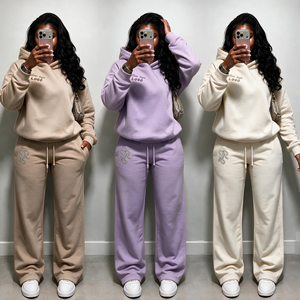 Ensemble de survêtement en molleton pour femmes, 2 pièces, sweat-shirt et <span class=keywords><strong>pantalon</strong></span> de survêtement, coupe ample, couleur unie, broderie personnalisée, pour boutique de vêtements en ligne - Product Image 1