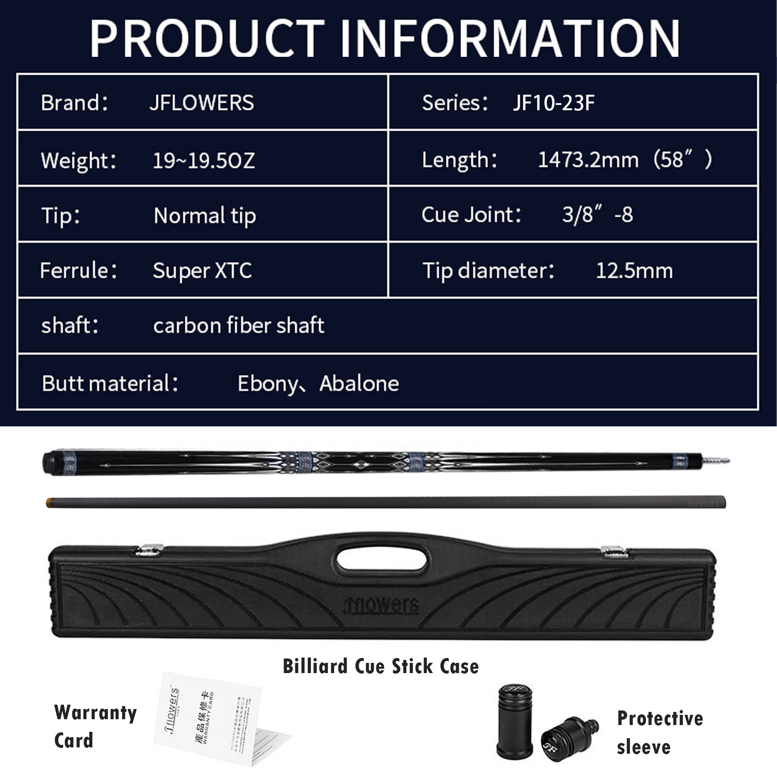 JFLOWERS JF10-23F Carbon Fiber Billiard Pool Cue Stick, 12.5mm Tip