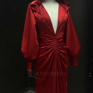 Nt12 Red Hooded Evening <b>Dress</b> Long <b>Sleeve</b> Deep V Neck Mermaid Silk Gown Elegant Formal Wear Jancember - Product Image 6
