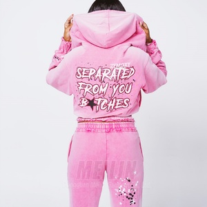 Ensemble de survêtement gris deux pièces pour femme, avec sweat à capuche zippé et pantalon de survêtement, design tendance, effet vieilli, par des fabricants de vêtements personnalisés - Product Image 5