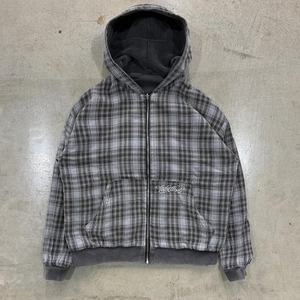 Veste à capuche courte et ample à double couche réversible avec fermeture éclair, broderie à carreaux, lavage à la pierre vintage, design streetwear pour hommes - Product Image 1