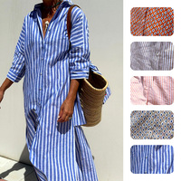 Robe chemise décontractée pour femme en polyester tissé respirant à rayures, coupe trapèze, à manches longues mi-longues et col à revers, pour l'automne