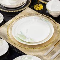 Service de table en porcelaine fine Green Leaf, nouvelle collection, vaisselle en céramique chinoise à bord doré pour une décoration de luxe, hôtels bohèmes, compatible lave-vaisselle