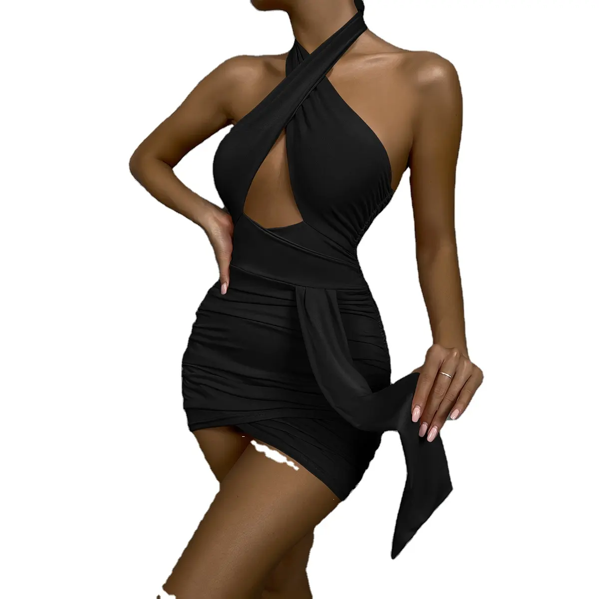 Custom Summer 2023 Clothing Woman festival clothing Sexy cross halter neck cut-out tight fit ruched Mini Bodycon dress