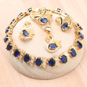 Juego de Joyas de Plata 925 con Circonita Azul, Color Dorado, para Novia, Boda, para Mujer, Aretes, Anillo, Pulsera, Collar con Colgante - Product Image 1