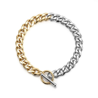 Ensemble collier et bracelet en acier inoxydable plaqué or 18 carats, chaîne gourmette épaisse bicolore, fermoir OT, ensemble de bijoux à maillons cubains bicolores