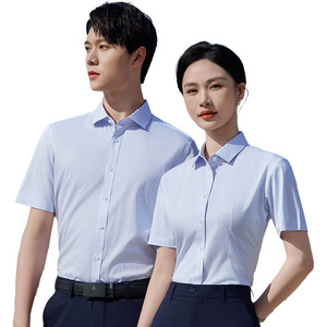 Blue Striped Professional Shirt Unisex Short Sleeve Anti-Wrinkle Poplin Business Formal Wear 4S Store Uniform - Product Image 5