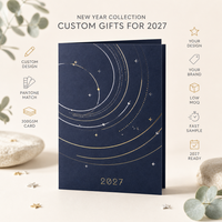 Carte de vœux personnalisée 2027 en papier coton bleu nuit avec étoiles dorées et argentées, impression de logo OEM, avec enveloppe