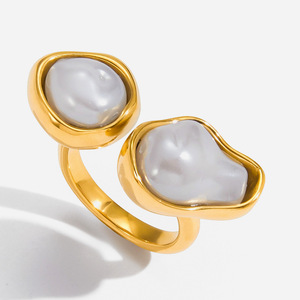 Pearl Ring 18K Gold Stainless Steel Baroque Style Asymmetrical Open Design Unisex Everyday Wear - Product Image 1