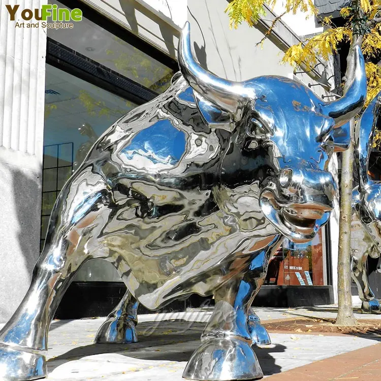 Estatua de animal de escultura de toro de acero inoxidable para exteriores, para decoración de jardín