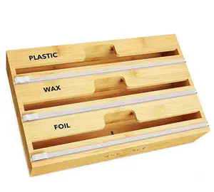 Low MOQ Bambus Holz spender Aluminium folie Rolls ch neider Frisch halte folie Organizer Kunststoff wickel spender mit Schiebe schneider