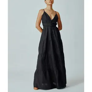 Женское льняное платье макси ENYA, с глубоким V-образным вырезом, с регулируемыми бретельками, длинное платье с низким вырезом, Непринужденная юбка для отпуска