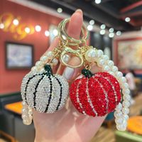 Porte-clés Citrouille en Argile Entièrement Orné de Strass et Perles, Style Euro Coréen, Double Face, Breloque de Sac, Anneau de Clés de Voiture pour Femme