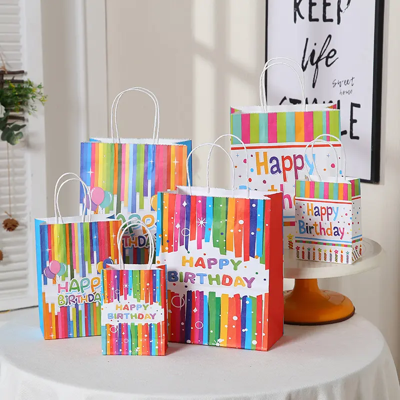 Fancy Verjaardagsfeestje Papieren Tas Regenboog Gedrukt Gelukkig Verjaardagscadeau Snoep Gunst Verpakking Kraft Zak Voor Kid Birthday Party Gift