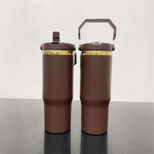 Gobelet isotherme personnalisé avec logo, 30 oz, plaqué or miroir, avec paille rabattable, revêtement poudré chocolat, pour gravure laser - Product Image 4