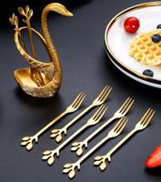 Ensemble de 6 fourchettes et cuillères à dessert en acier inoxydable en forme de feuille, support cygne doré de luxe, piques à cocktail et fruits, vaisselle, coffret cadeau