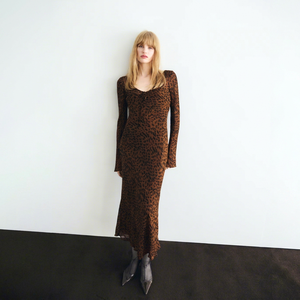 Vestido largo de malla con estampado de leopardo para mujer, manga larga, cuello en V, lazo frontal, corte ajustado, transparente, para fiesta de noche, vestido largo para mujer - Product Image 1