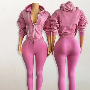 Ensemble deux pièces rétro sportswear uni personnalisable avec logo, effet délavé, fermeture éclair, capuche et leggings pour femme - Product Image 6