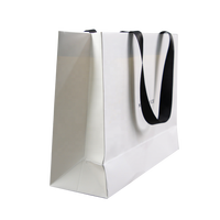 Sac en papier blanc de luxe, logo noir minimaliste, texture premium, emballage pour le commerce de détail, vêtements, accessoires, cadeaux