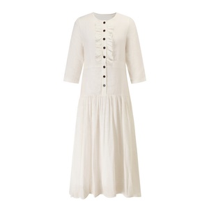 Robe moulante blanche à volants avec logo personnalisé, robe vintage élégante et fine pour femmes, robe de soirée longue d'été boutonnée pour le bureau pour femmes - Product Image 1