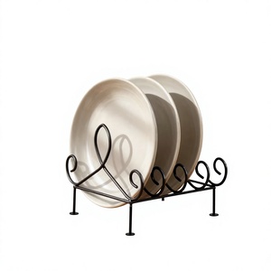 Black Metal <b>Plate</b> Rack With Curved Design <b>Standing</b> Type For Kitchen Tableware Storage Modern Style Rust Resistant Finish - Product Image 1