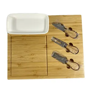 Planche à fromage en bambou personnalisée avec ensemble de couteaux à fromage et plat en céramique, vente en gros