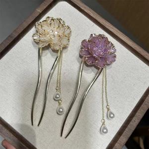 กิ๊บติดผมมุกดอกโบตั๋นเคลือบสีแบบวินเทจ กิ๊บติดผมพู่มุกสไตล์คลาสสิกสำหรับผู้หญิง เครื่องประดับผมสไตล์เรโทร - Product Image 2