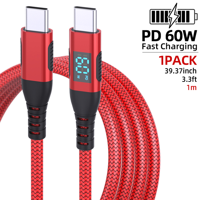 LED Display PD100W/PD60W 480Mbps USB C Cable Fast Charging Nylon Braided Type C Cable for Computer 1M 2M 3M Colorful Phone