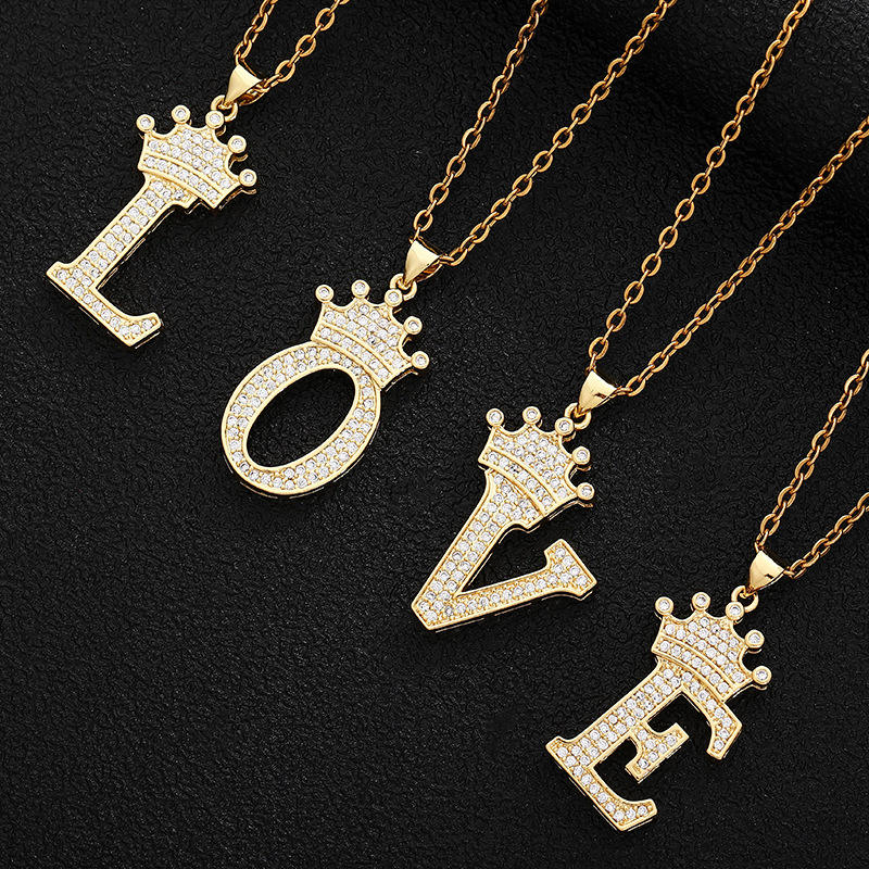 Collar Letras Gold Plated Full Iced Out CZ Cubic Zirconia Crown Pendant  Necklace Rhinestone Crystal Initial Necklace
