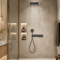 Ensemble de douche thermostatique de luxe gris brossé avec cascade pour montage au plafond