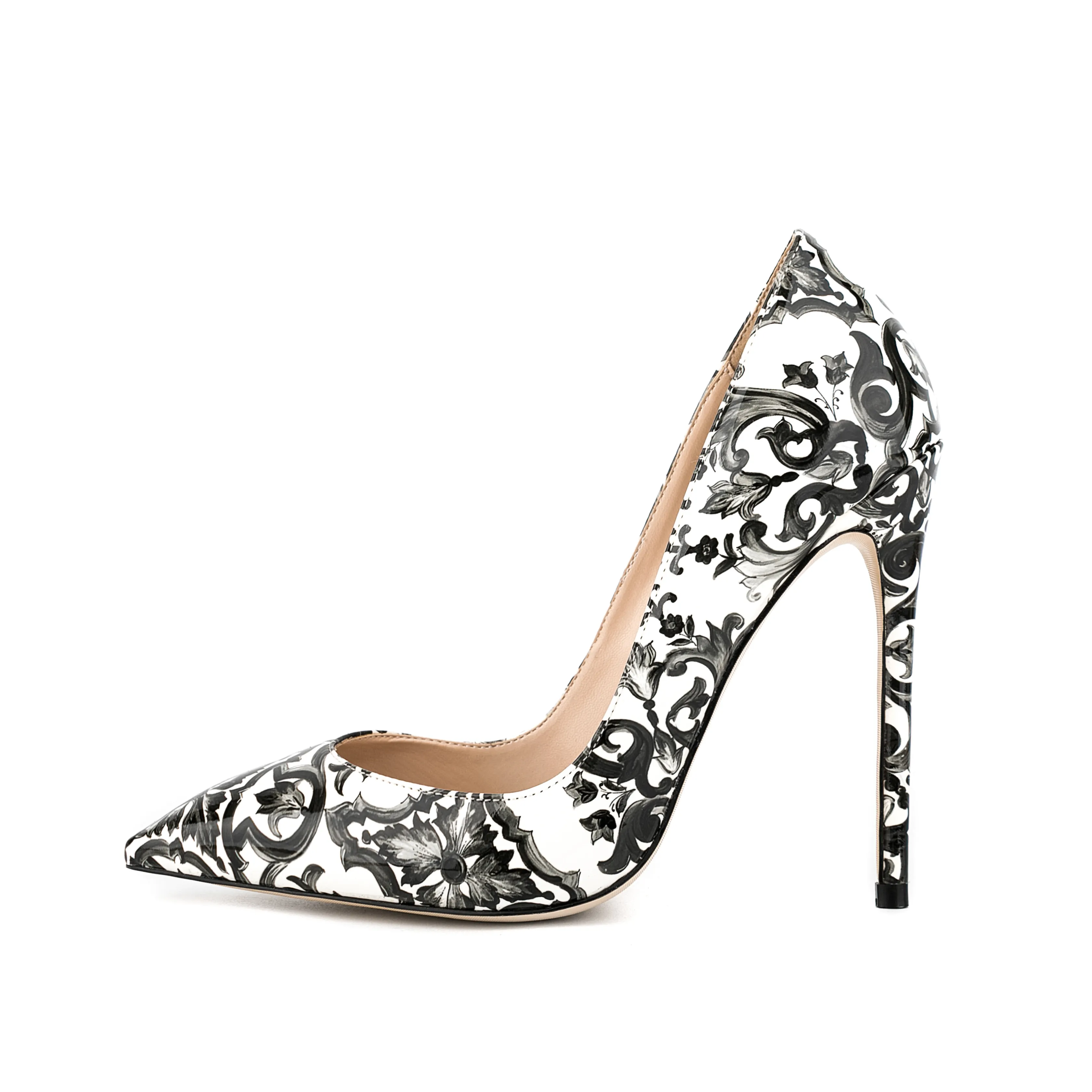 2023 Spring New Style Party Dress Pointy Stilettos Black White Floral Printed Leather High Heel Pumps Heels Shoes